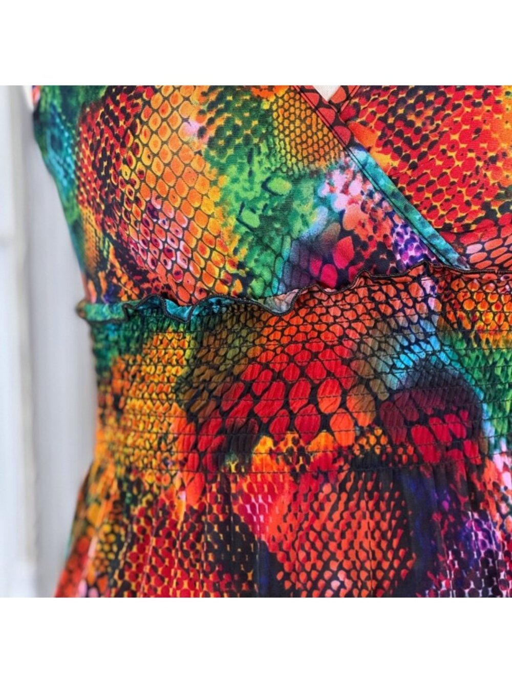 Rainbow Neon Snakeskin Smocked Fit and Flare Beach Mini Dress One Size Y2K Rave - Picture 6 of 10